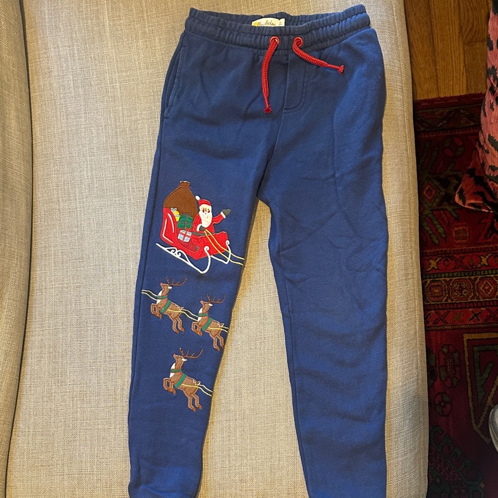 Mini Boden Blue Joggers with Santa and Reindeer